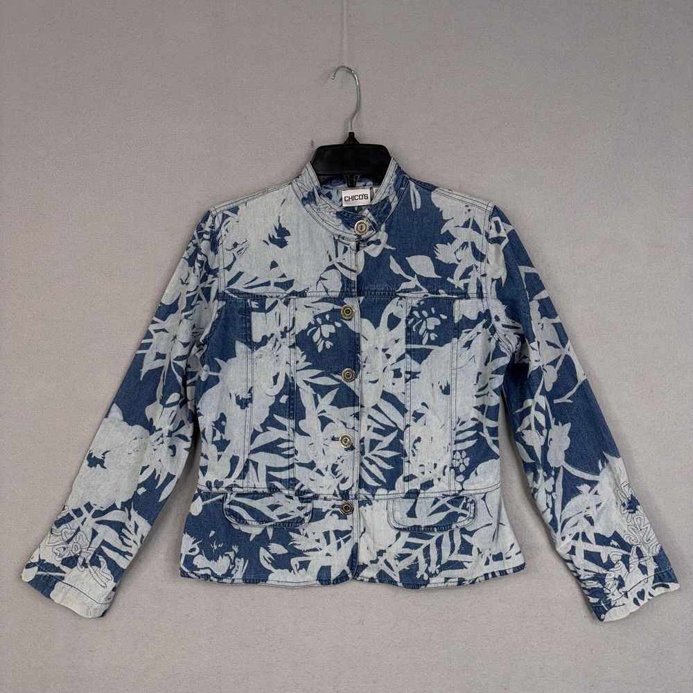 Chico's Jacket Womens 0 Blue Floral Denim Button Front Mandarin Collar Crop